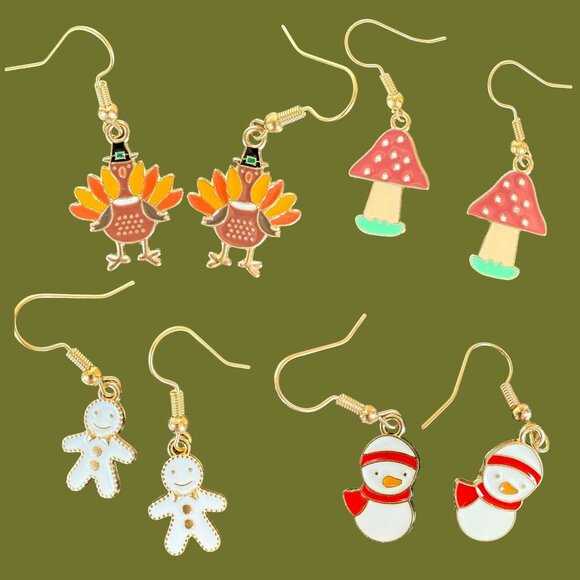 Fall and Winter Earring Set of 4 Dangle Turkey Mushroom Snowman and Gingerbread - Picture 1 of 9